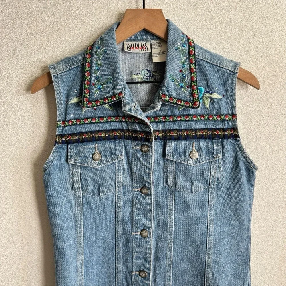Vtg Y2K Bill Blass Vest Womens Small Blue Embroidered Festival Boho Hippie Denim